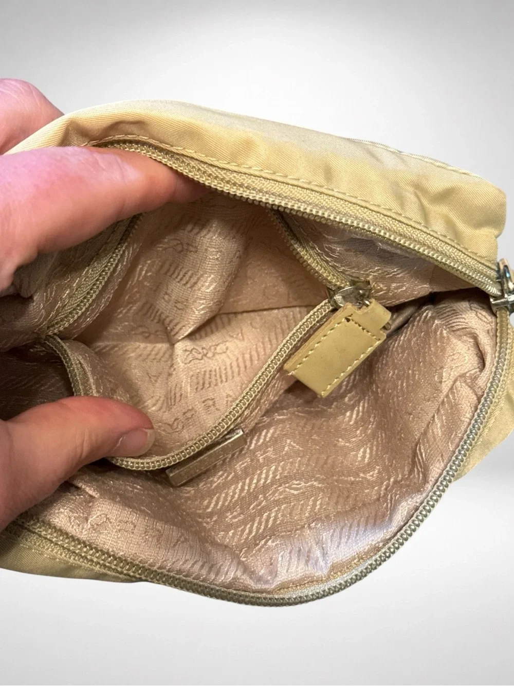 PRADA Authentic Nylon Cosmetic Pouch Beige Zip Makeup Travel Toiletry Bag